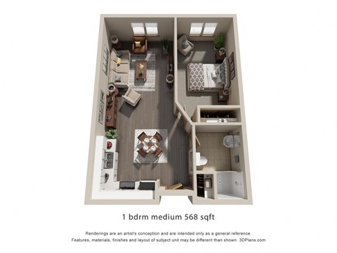 Floor plan for 1 bed, 1 bath, 568 sqft
